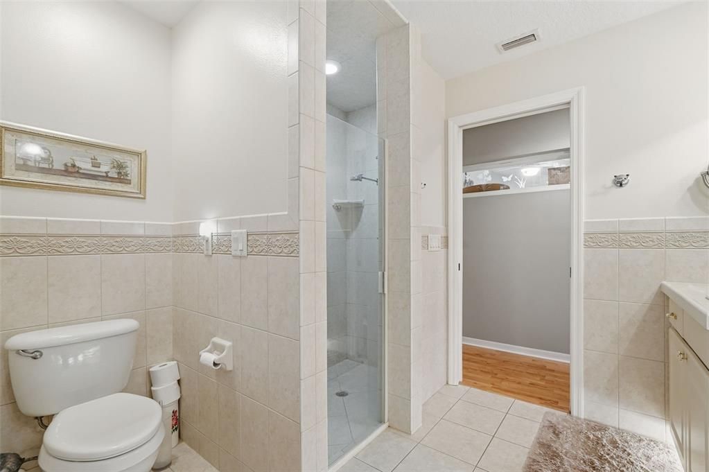 Bathroom, Glass Shower, Interior, Recessed Lighting, Wood Texture Flooring