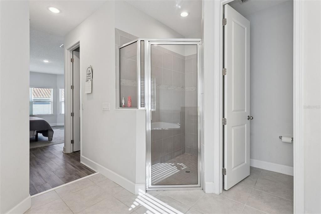 Bathroom, Glass Shower, Interior, Recessed Lighting, Wood Texture Flooring