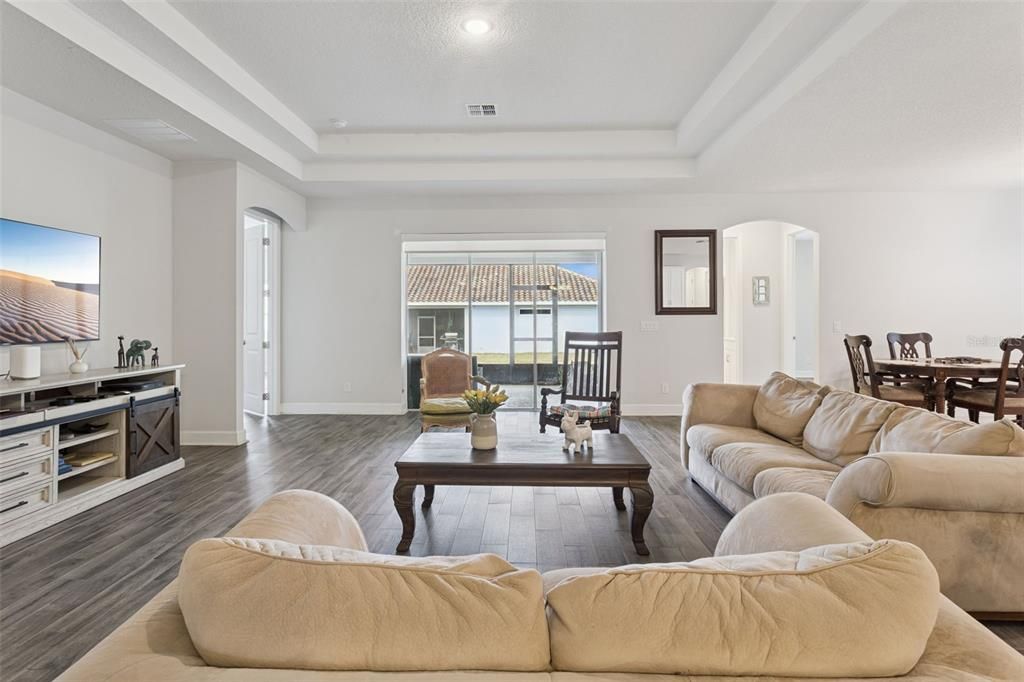 Dining room, Interior, Living room, Recessed Lighting, Wood Texture Flooring