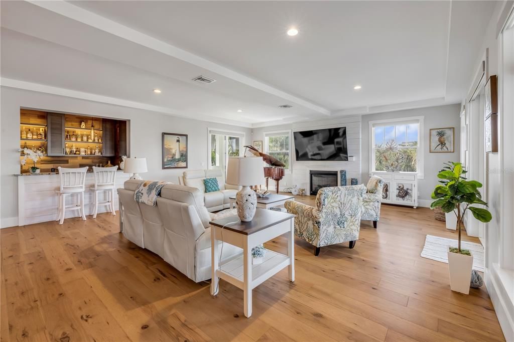 Fireplace, Interior, Living room, Recessed Lighting, Wood Texture Flooring