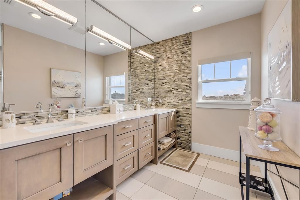 Bathroom, Dual Sink Vanities, Glass Shower, Interior, Recessed Lighting