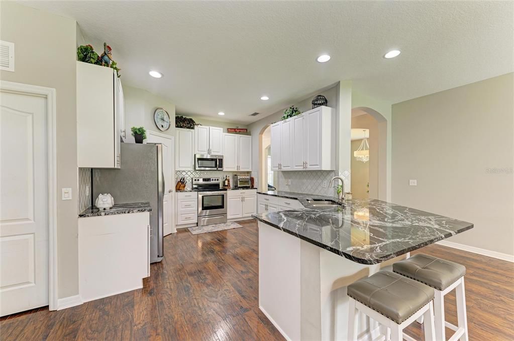 Interior, Kitchen, Recessed Lighting, Stainless Steel Appliances, Wood Texture Flooring