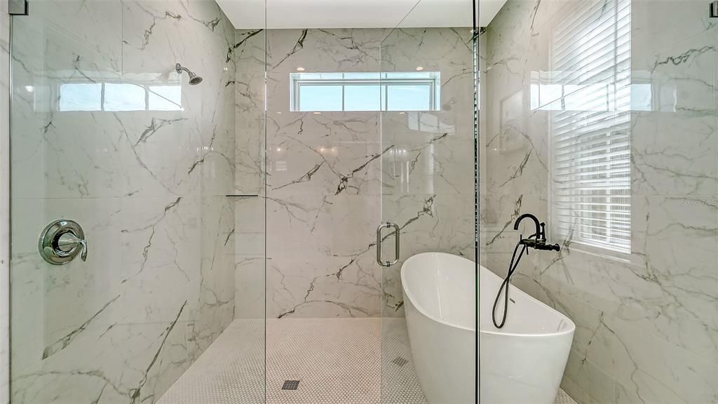 Bathroom, Free Standing Baths, Glass Shower, Interior, Marble Walls