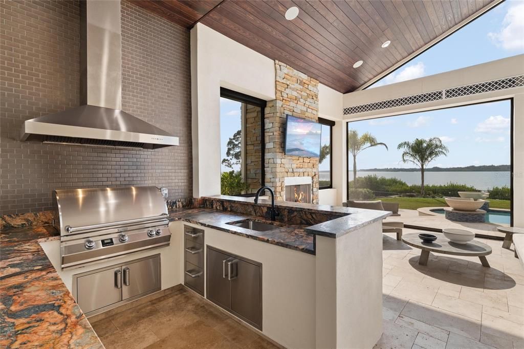 Exterior, Fireplace, Outdoor Kitchen, Stainless Steel Appliances, Water