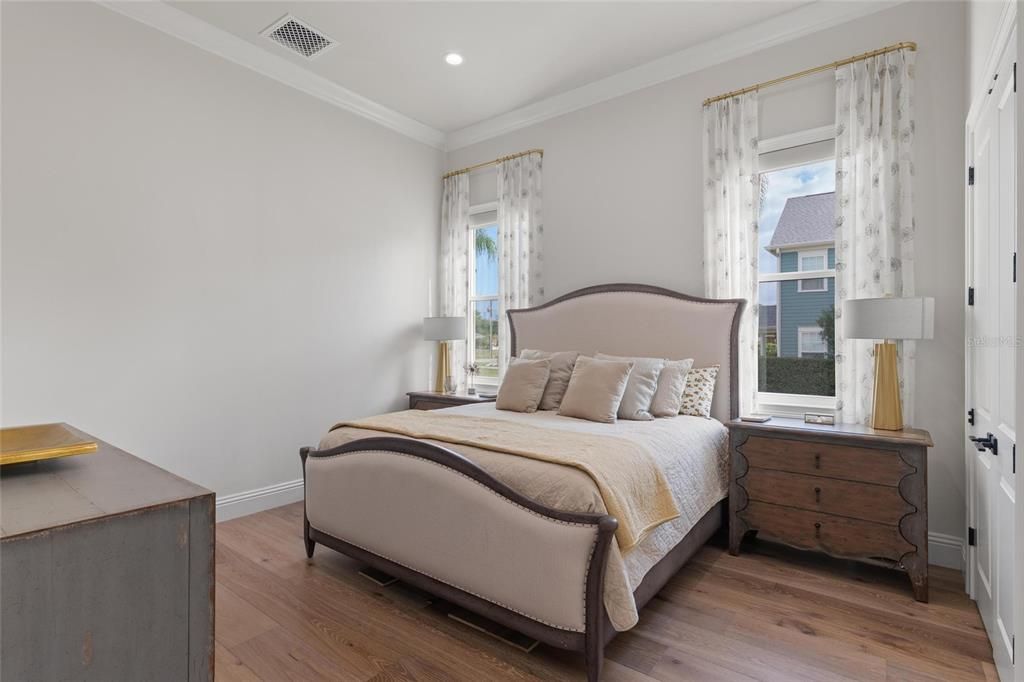 Bedroom, Interior, Recessed Lighting, Wood Texture Flooring