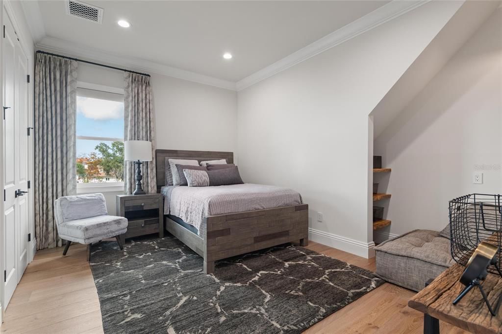 Bedroom, Interior, Recessed Lighting, Wood Texture Flooring