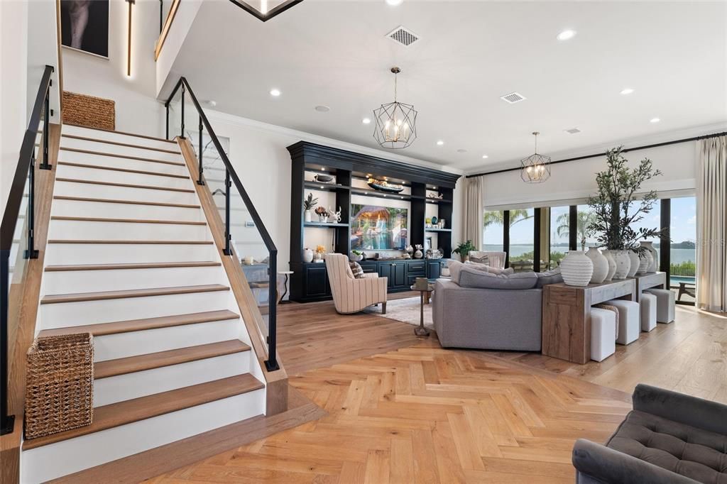 Interior, Living room, Pendant Lights, Recessed Lighting, Wood Texture Flooring