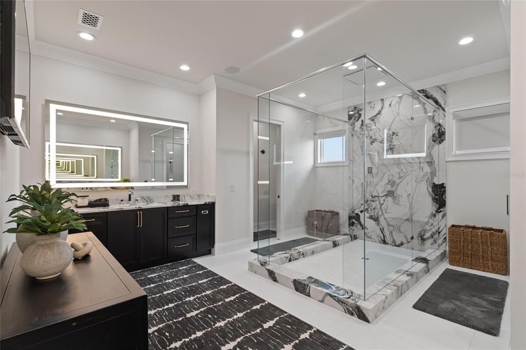 Bathroom, Glass Shower, Interior, Marble Walls, Recessed Lighting