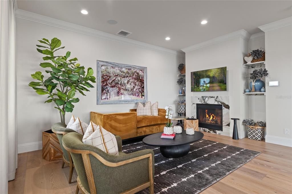 Fireplace, Interior, Living room, Recessed Lighting, Wood Texture Flooring