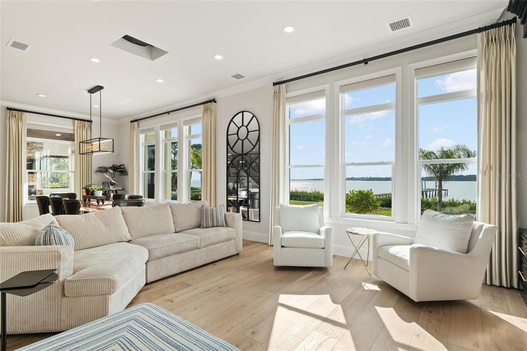 Dining room, Interior, Living room, Pendant Lights, Recessed Lighting, Water, Wood Texture Flooring