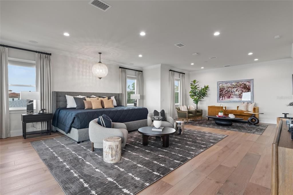 Bedroom, Interior, Living room, Pendant Lights, Recessed Lighting, Wood Texture Flooring