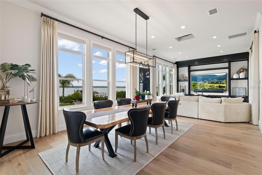Dining room, Interior, Living room, Pendant Lights, Recessed Lighting, Water, Wood Texture Flooring