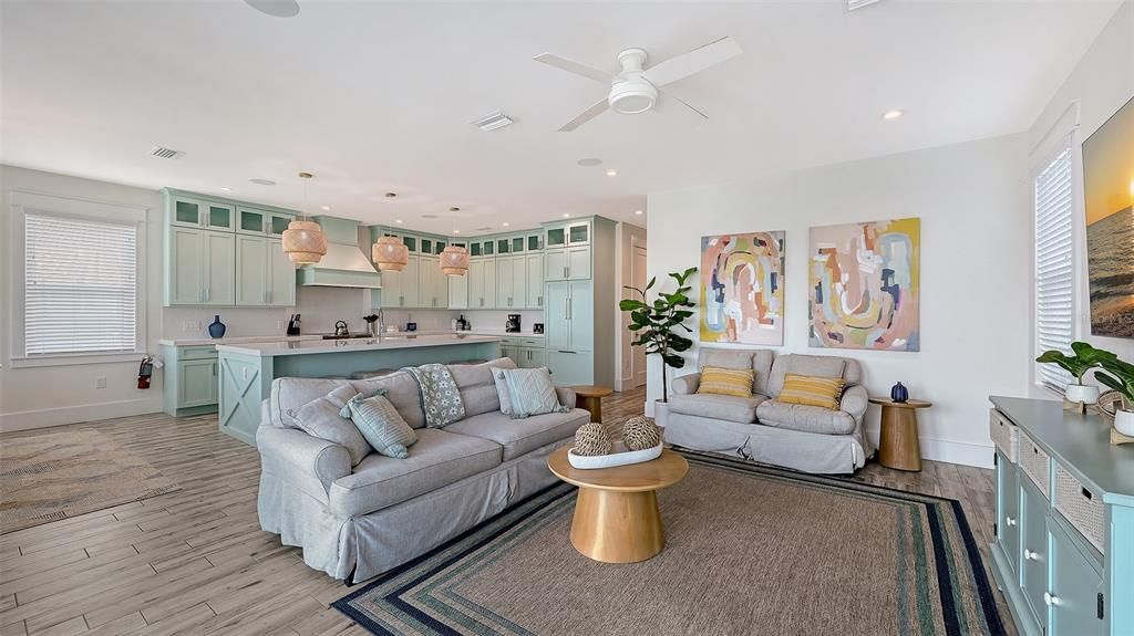 Interior, Kitchen, Living room, Pendant Lights, Recessed Lighting, Wood Texture Flooring