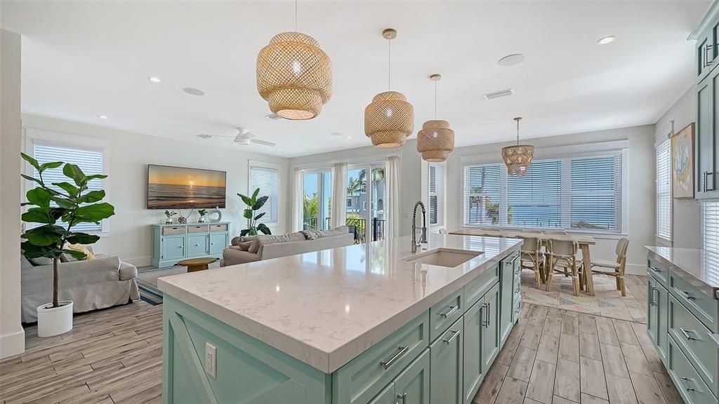 Chandelier, Dining room, Interior, Kitchen, Living room, Pendant Lights, Recessed Lighting, Wood Texture Flooring