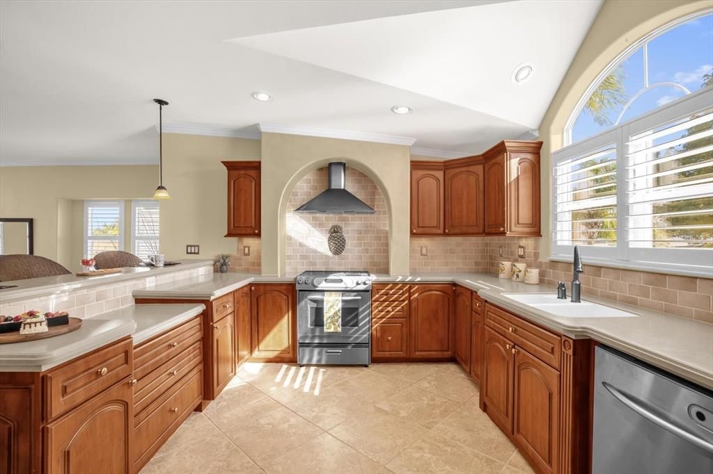 Interior, Kitchen, Pendant Lights, Recessed Lighting, Stainless Steel Appliances, Tile Countertops