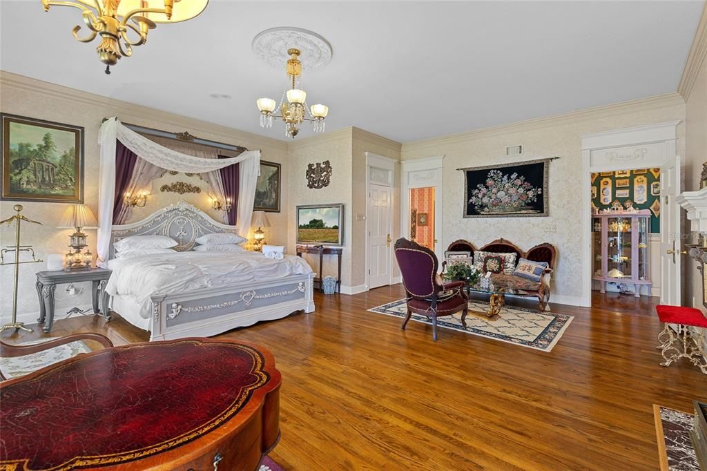 Bedroom, Chandelier, Fireplace, Interior, Wood Texture Flooring