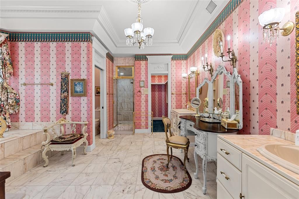 Bathroom, Chandelier, Interior, Marble, Tile Countertops