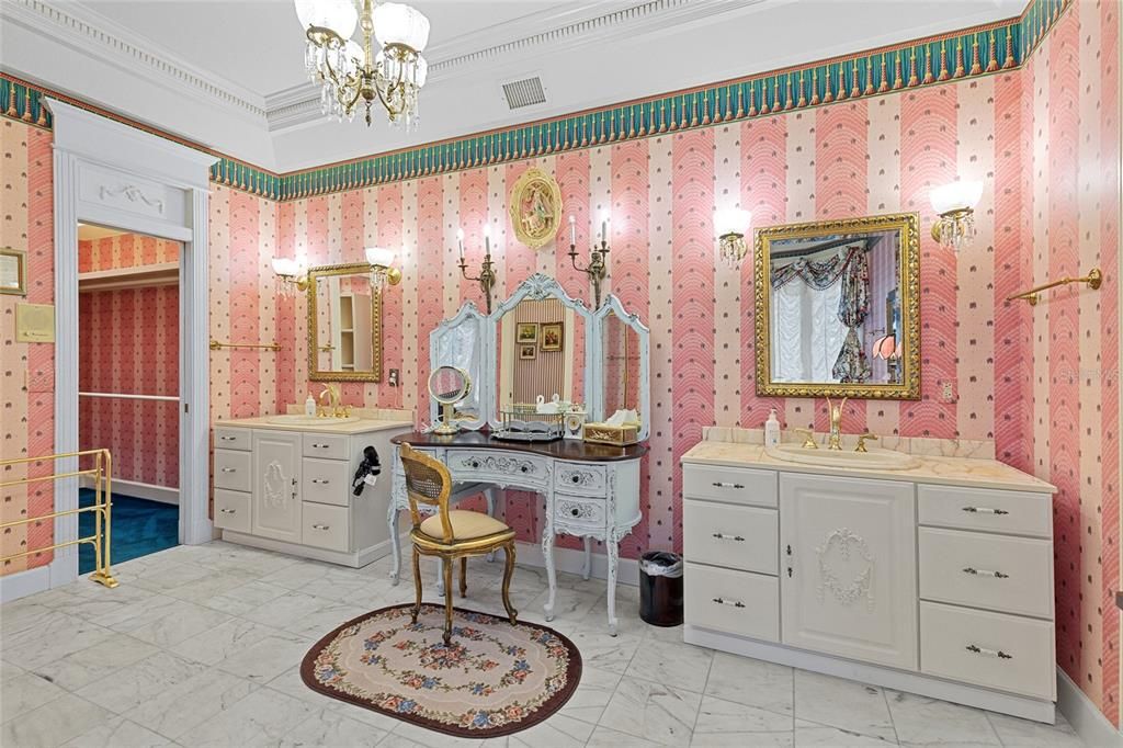 Bathroom, Chandelier, Dual Sink Vanities, Interior, Marble