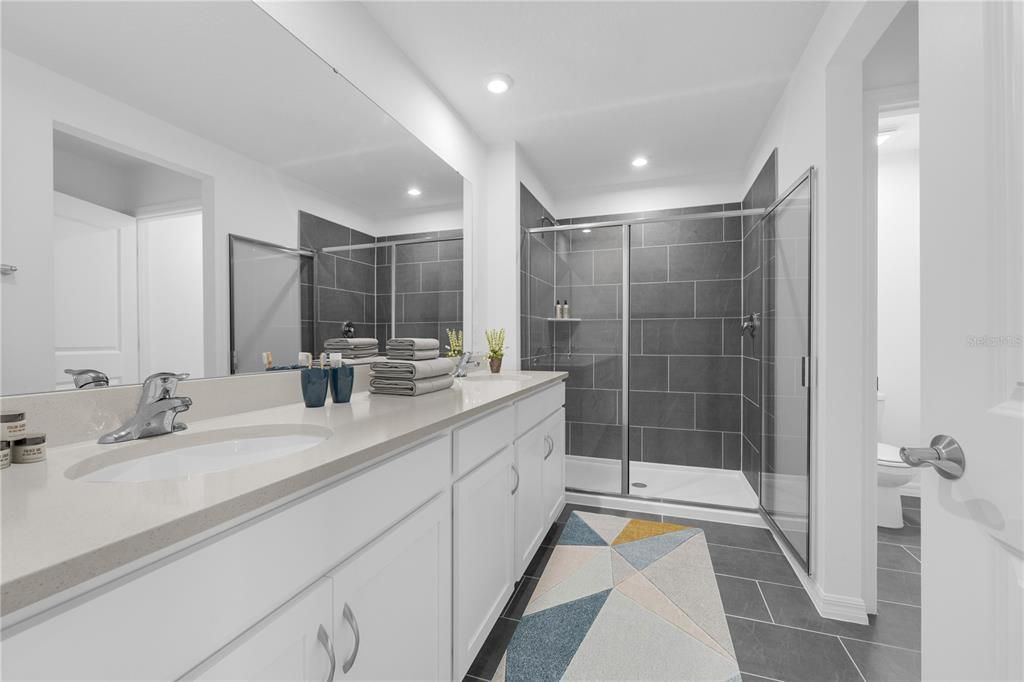 Bathroom, Dual Sink Vanities, Glass Shower, Interior, Recessed Lighting