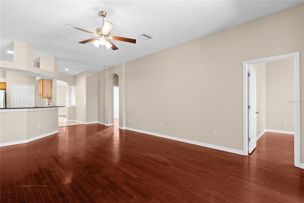 Empty room, Interior, Kitchen, Recessed Lighting, Wood Texture Flooring