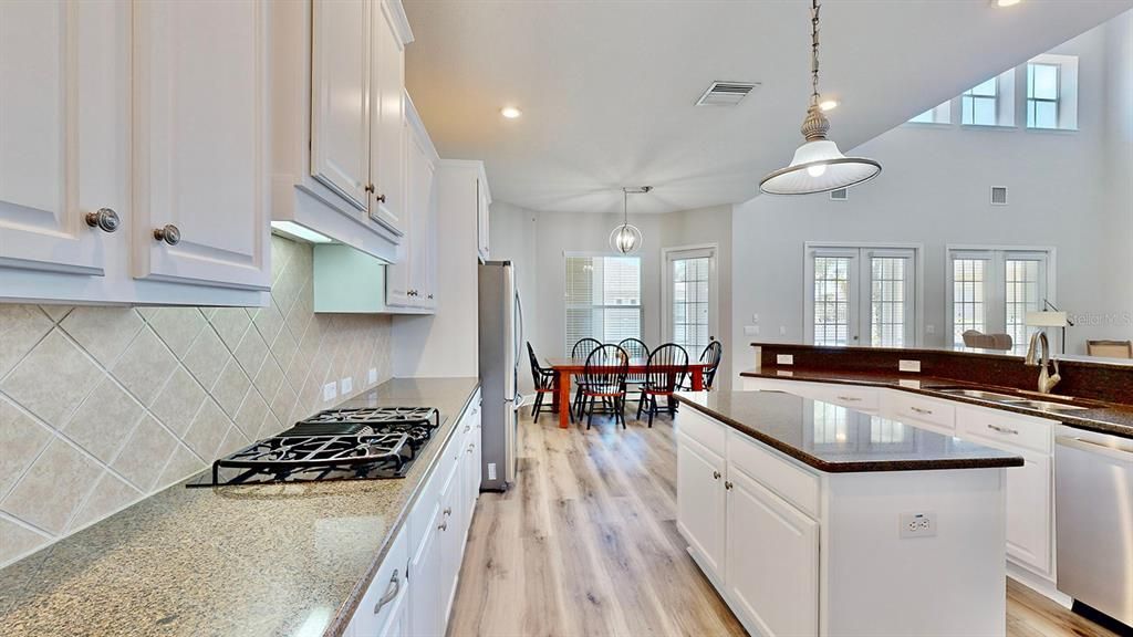 Dining room, Interior, Kitchen, Pendant Lights, Recessed Lighting, Wood Texture Flooring