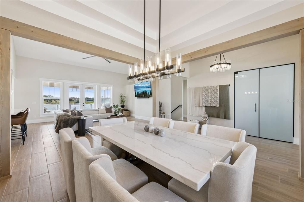 Dining room, Interior, Living room, Pendant Lights, Wooden Beams, Wood Texture Flooring