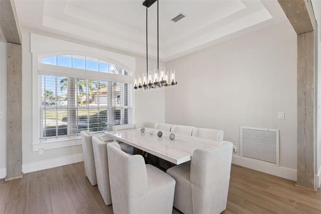 Dining room, Interior, Pendant Lights, Wood Texture Flooring