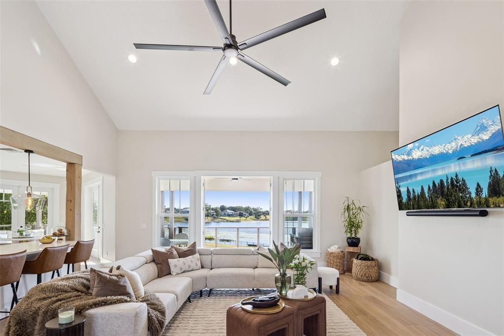 Dining room, Interior, Living room, Pendant Lights, Recessed Lighting, Water, Wood Texture Flooring