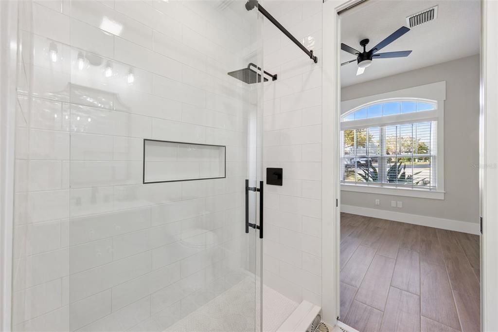 Bathroom, Glass Shower, Interior, Wood Texture Flooring