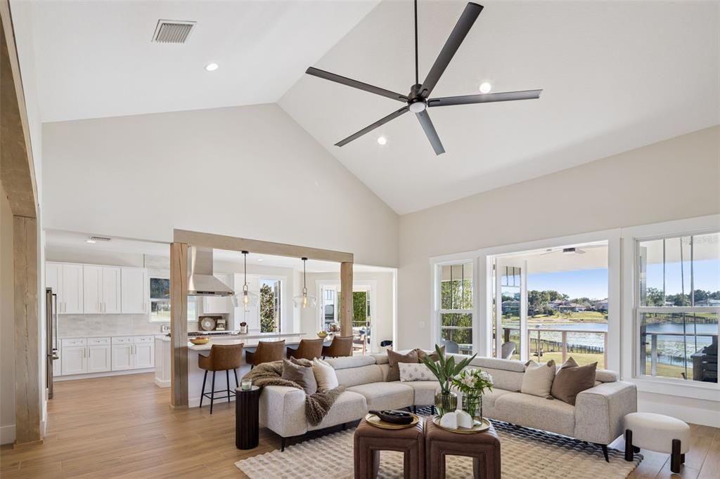 Interior, Kitchen, Living room, Pendant Lights, Recessed Lighting, Water, Wood Texture Flooring