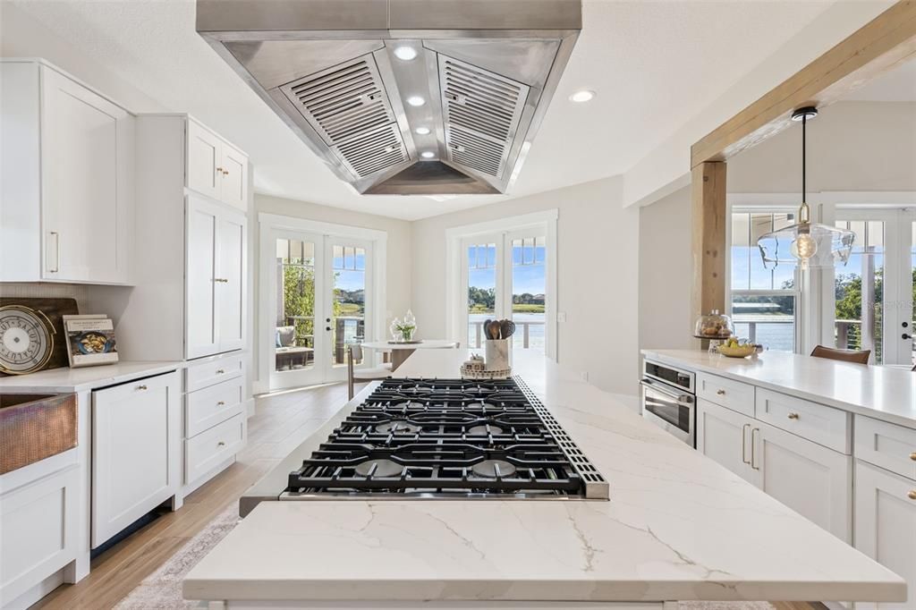 Interior, Kitchen, Pendant Lights, Recessed Lighting, Stainless Steel Appliances, Water, Wood Texture Flooring
