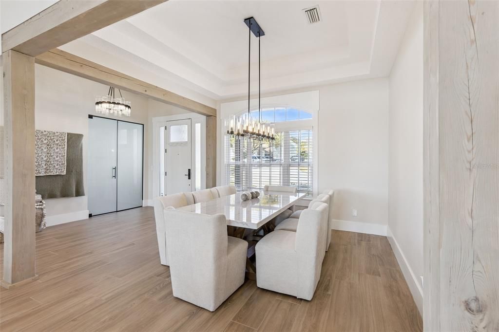 Chandelier, Dining room, Interior, Pendant Lights, Wood Texture Flooring