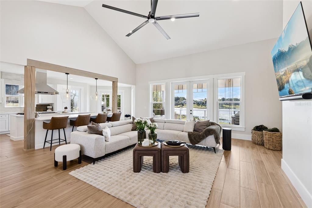 Interior, Kitchen, Living room, Pendant Lights, Water, Wood Texture Flooring