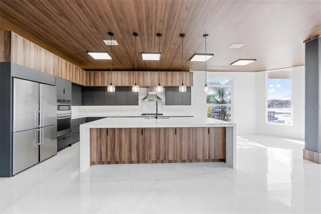 Interior, Kitchen, Pendant Lights, Stainless Steel Appliances, Wooden Ceilings