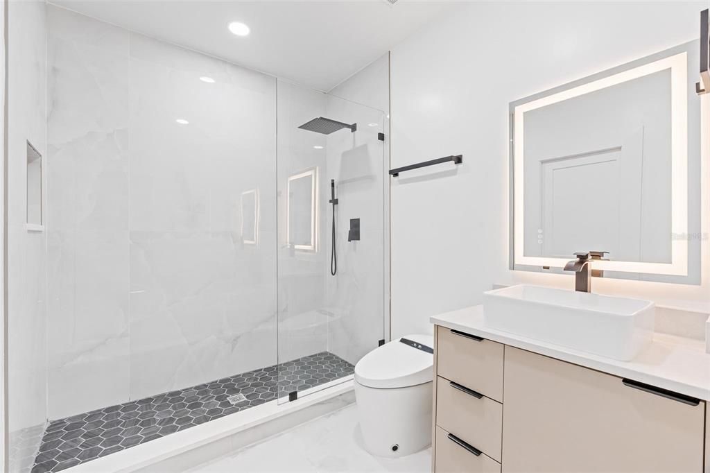 Bathroom, Glass Shower, Interior, Marble Walls, Recessed Lighting
