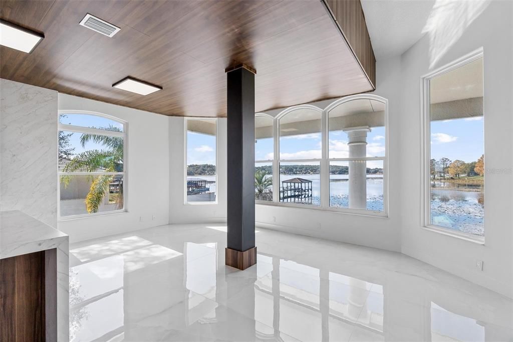 Empty room, Interior, Marble Walls, Recessed Lighting, Water, Wooden Ceilings