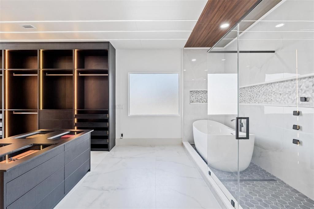 Bathroom, Free Standing Baths, Glass Shower, Interior, Marble, Recessed Lighting