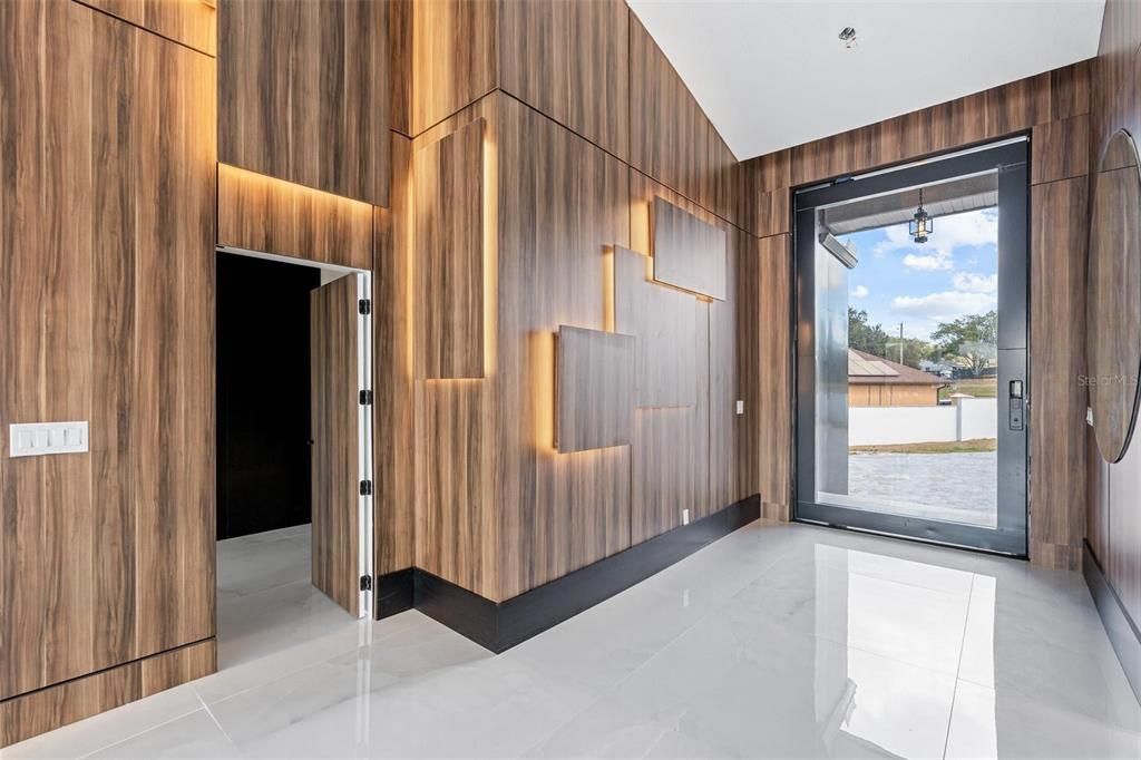 Empty room, Interior, Marble, Recessed Lighting, Wooden Walls