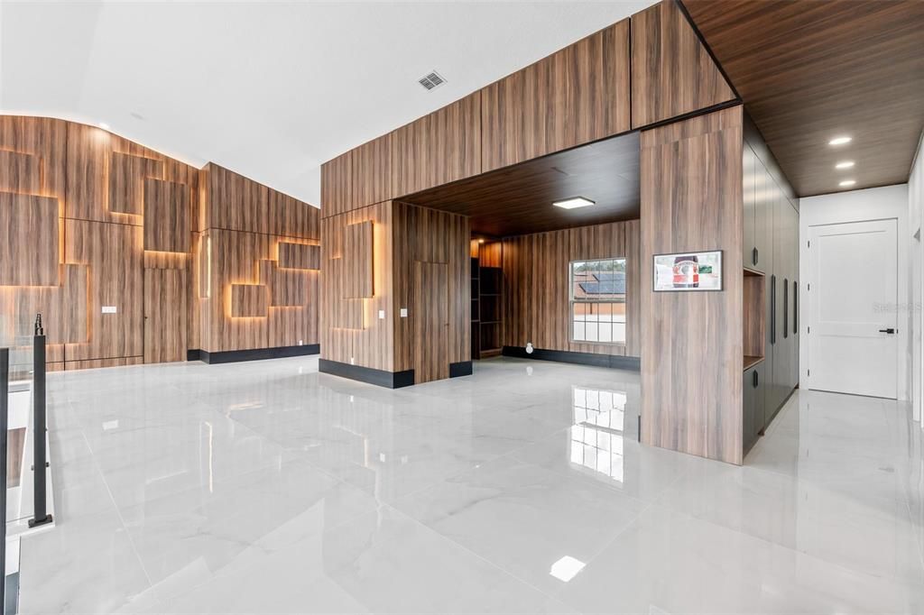 Empty room, Interior, Kitchen, Marble, Recessed Lighting, Wooden Ceilings, Wooden Walls