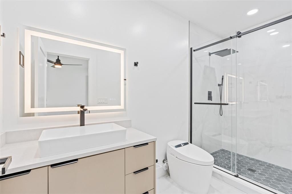 Bathroom, Glass Shower, Interior, Marble Walls, Recessed Lighting