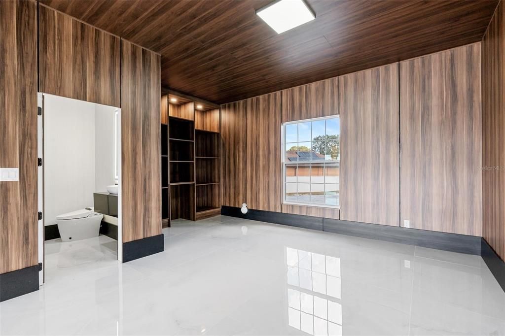 Bathroom, Interior, Recessed Lighting, Wooden Ceilings, Wooden Walls