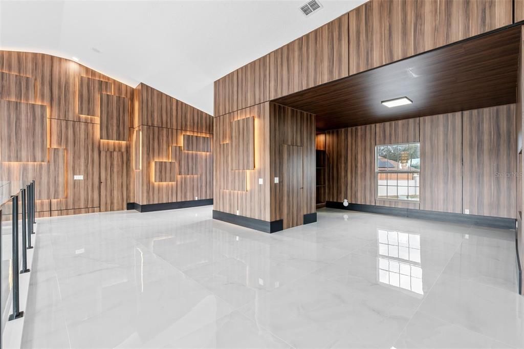 Empty room, Interior, Kitchen, Marble, Recessed Lighting, Wooden Ceilings, Wooden Walls