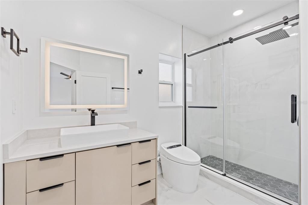Bathroom, Glass Shower, Interior, Marble, Recessed Lighting