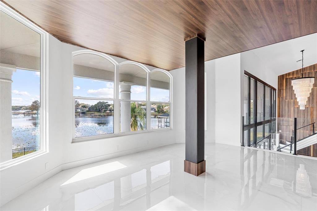 Chandelier, Empty room, Interior, Pendant Lights, Water, Wooden Ceilings
