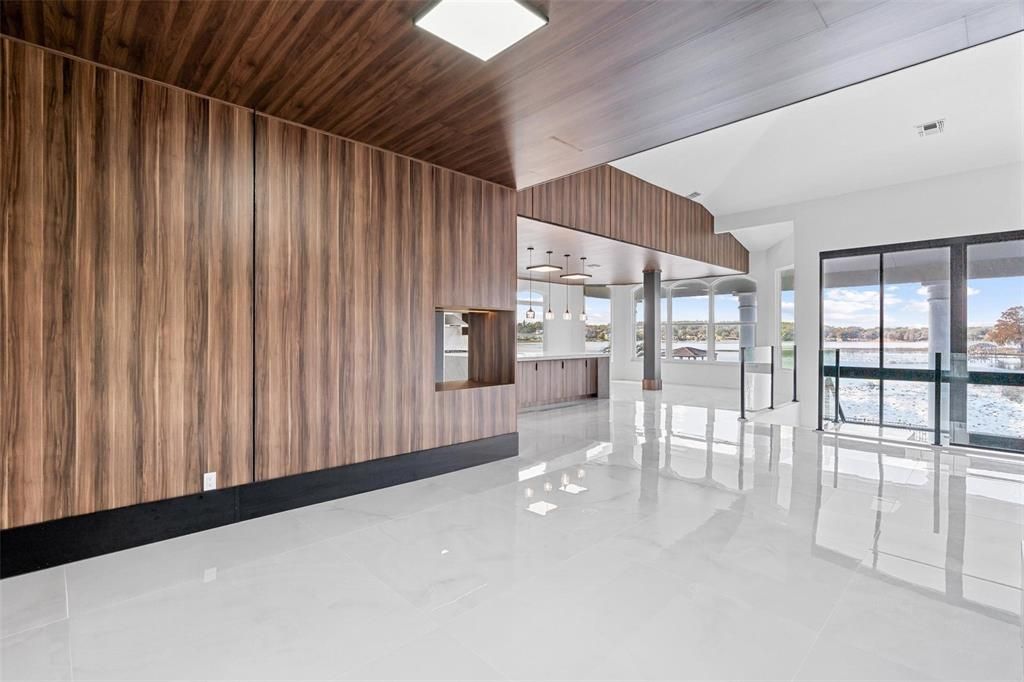 Empty room, Interior, Pendant Lights, Recessed Lighting, Water, Wooden Ceilings, Wooden Walls