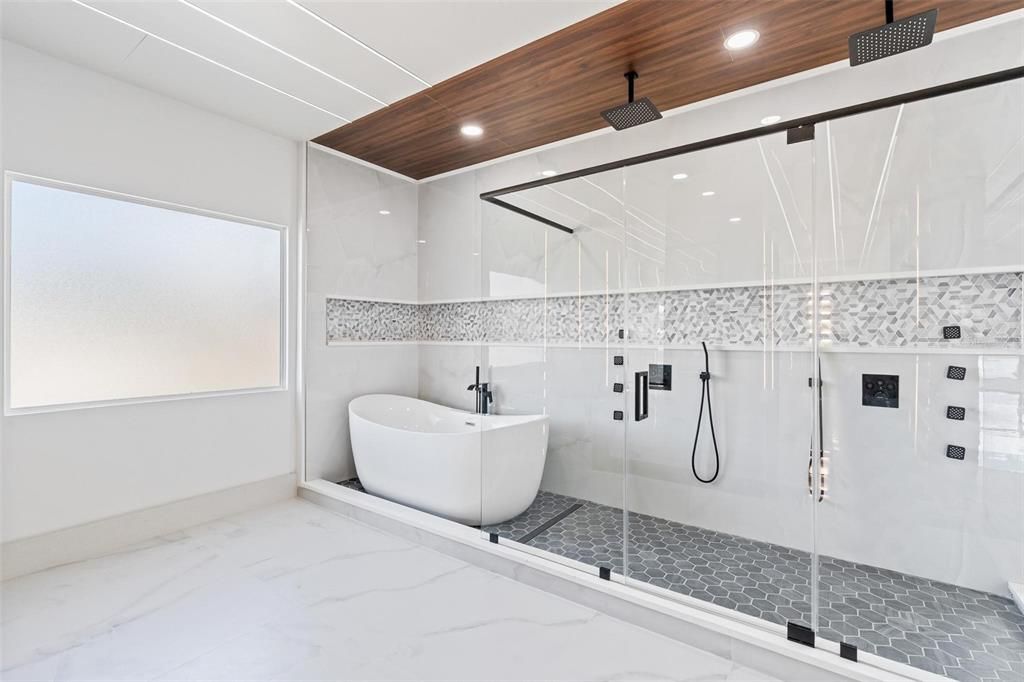 Bathroom, Free Standing Baths, Glass Shower, Interior, Marble, Recessed Lighting
