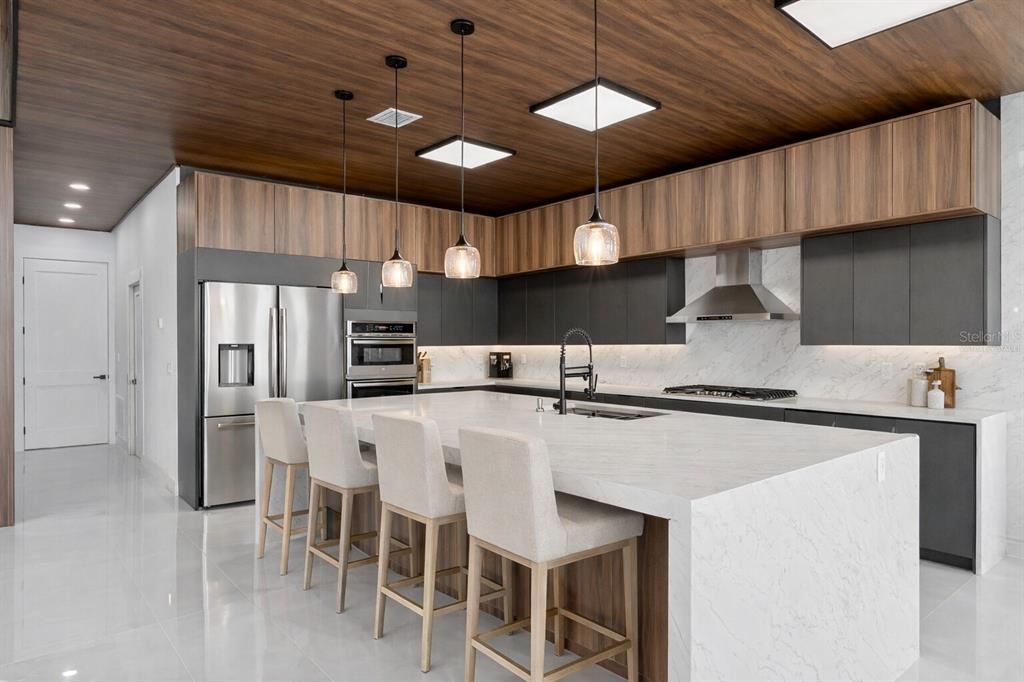 Interior, Kitchen, Pendant Lights, Recessed Lighting, Stainless Steel Appliances, Wooden Ceilings