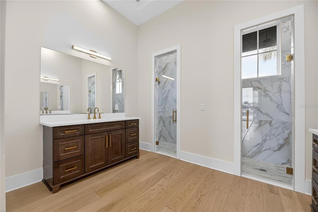 Bathroom, Glass Shower, Interior, Marble, Marble Walls, Wood Texture Flooring