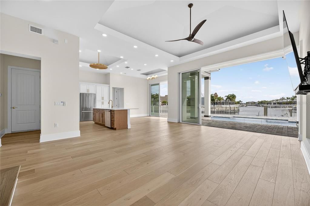 Interior, Kitchen, Pendant Lights, Recessed Lighting, Stainless Steel Appliances, Water, Wood Texture Flooring