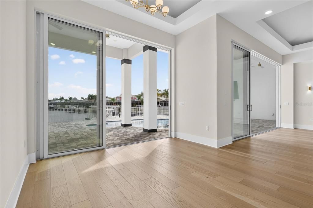 Empty room, Interior, Recessed Lighting, Water, Wood Texture Flooring